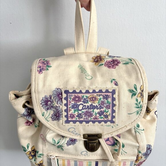 Carter’s Vintage Canvas Drawstring Backpack Cream Floral and Stripe Pattern - Picture 7 of 13